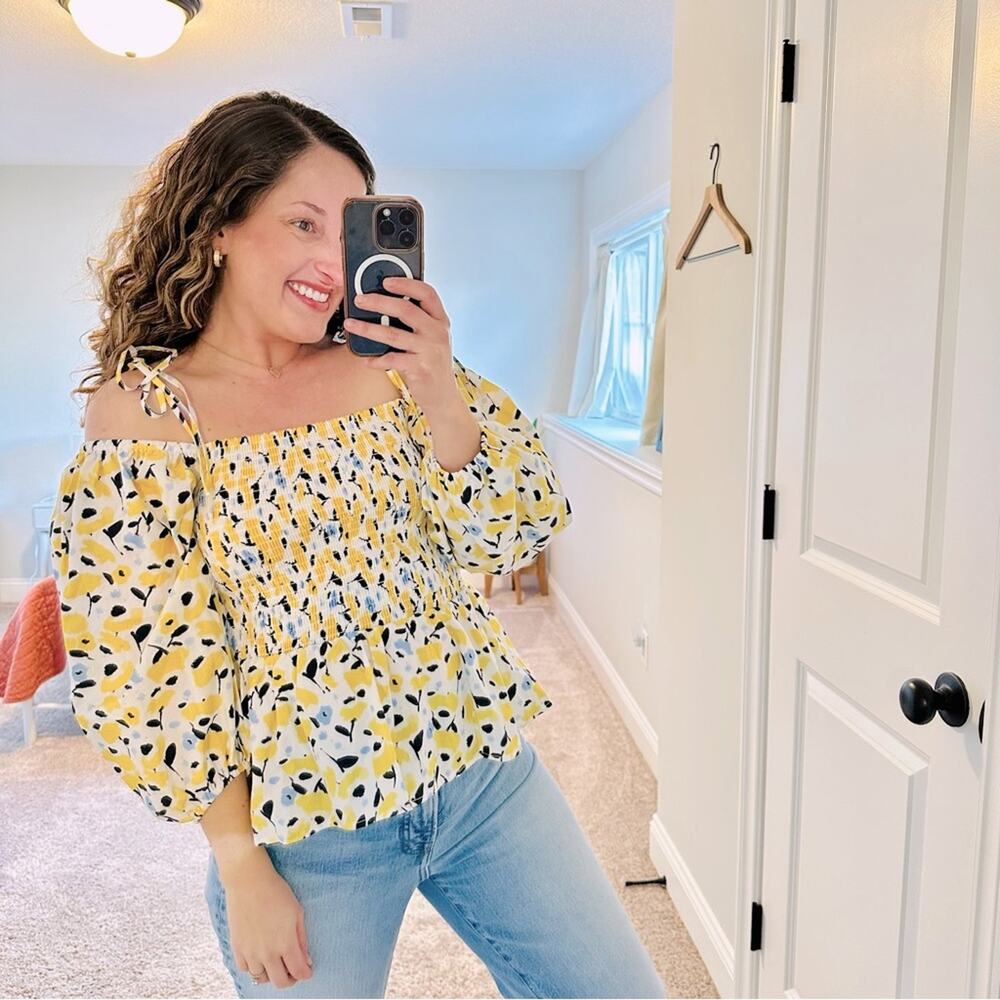 Tanya Taylor White Yellow Blue Floral Cotton Smocked Long Sleeve Top Small